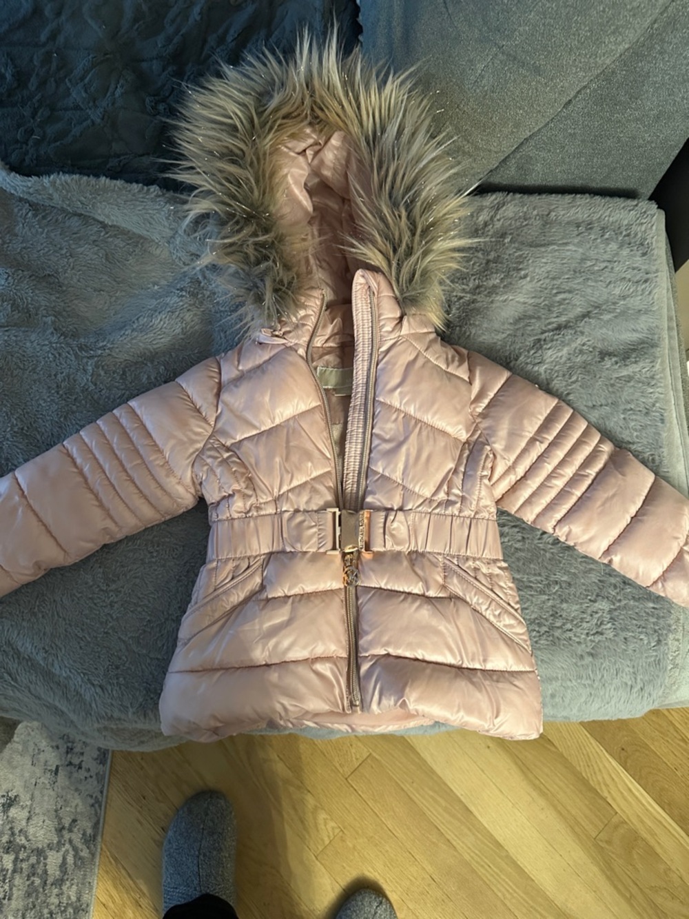 Michael Kors Girls' Light Pink Quilted Puffer Jacket with Faux Fur Hood by